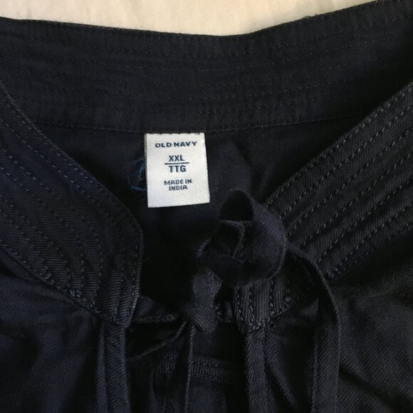 Dark Navy Blue Banded Tie Up Collar Bohemian Tunic Shirt - Picture 7 of 12